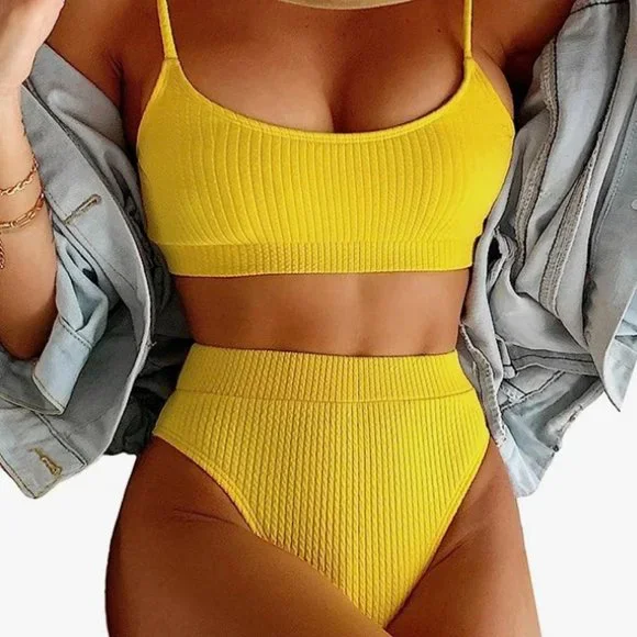 Amazon Swim High Waisted Tummy Control Ribbed Bikini Crop Top